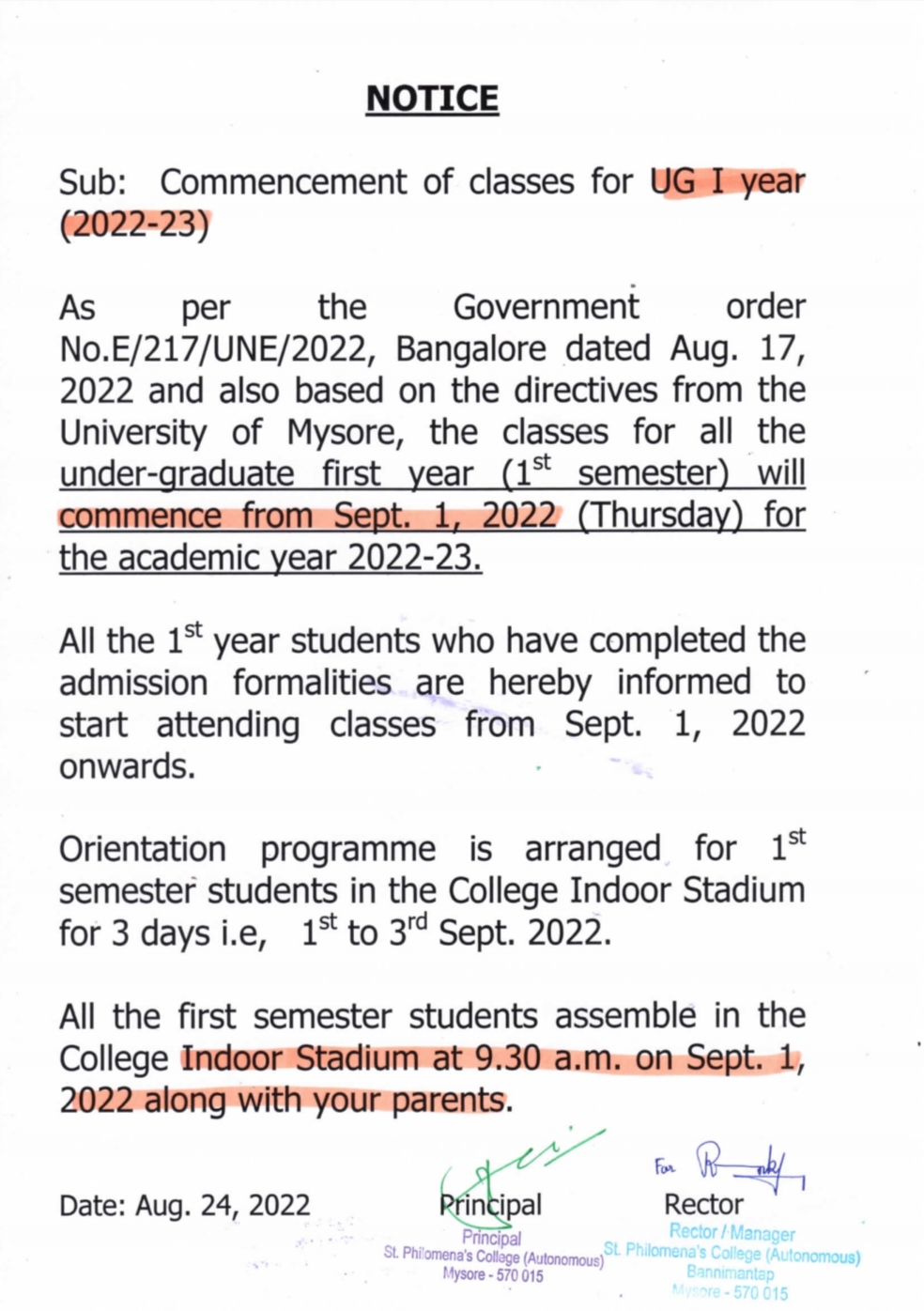 Notice Regarding Commencement Of Classes For 1st Year Students