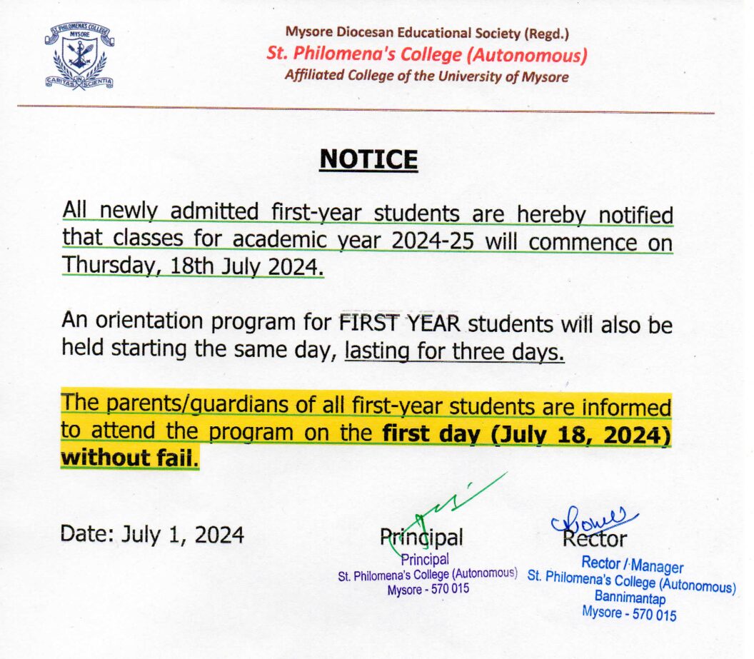 Notice 1st year commencement of Class and Orientation 2024-25